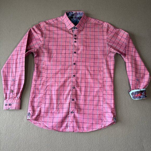 Au Noir Mens Button Up Shirt Size 3 M Pink Plaid Pattern Contrasting Flip Cuff - Picture 1 of 16